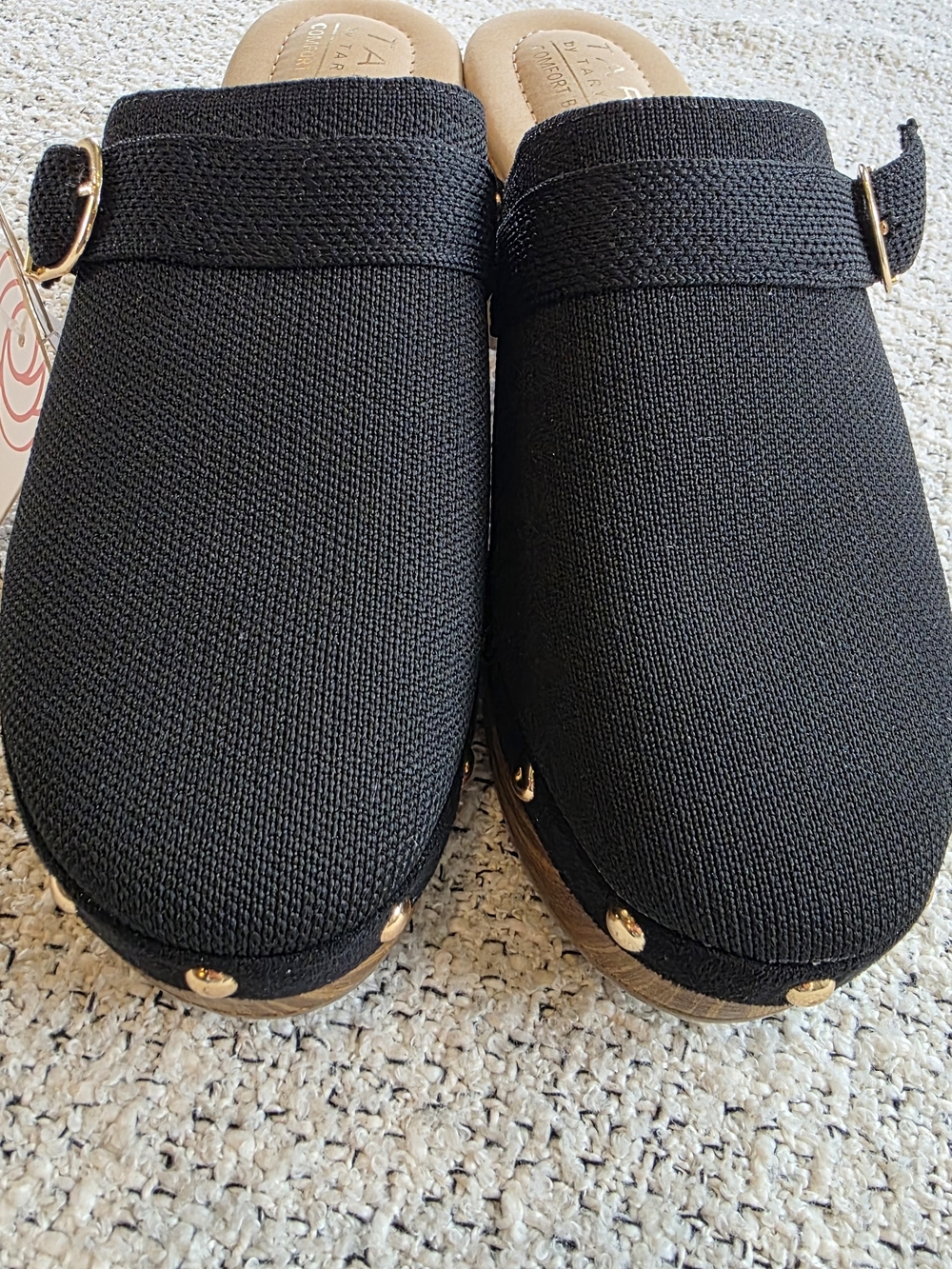 Taryn Rose Black Comfort Knit Clogs Size 8 Wood Look Heel Gold Studs NWT - Picture 6 of 8